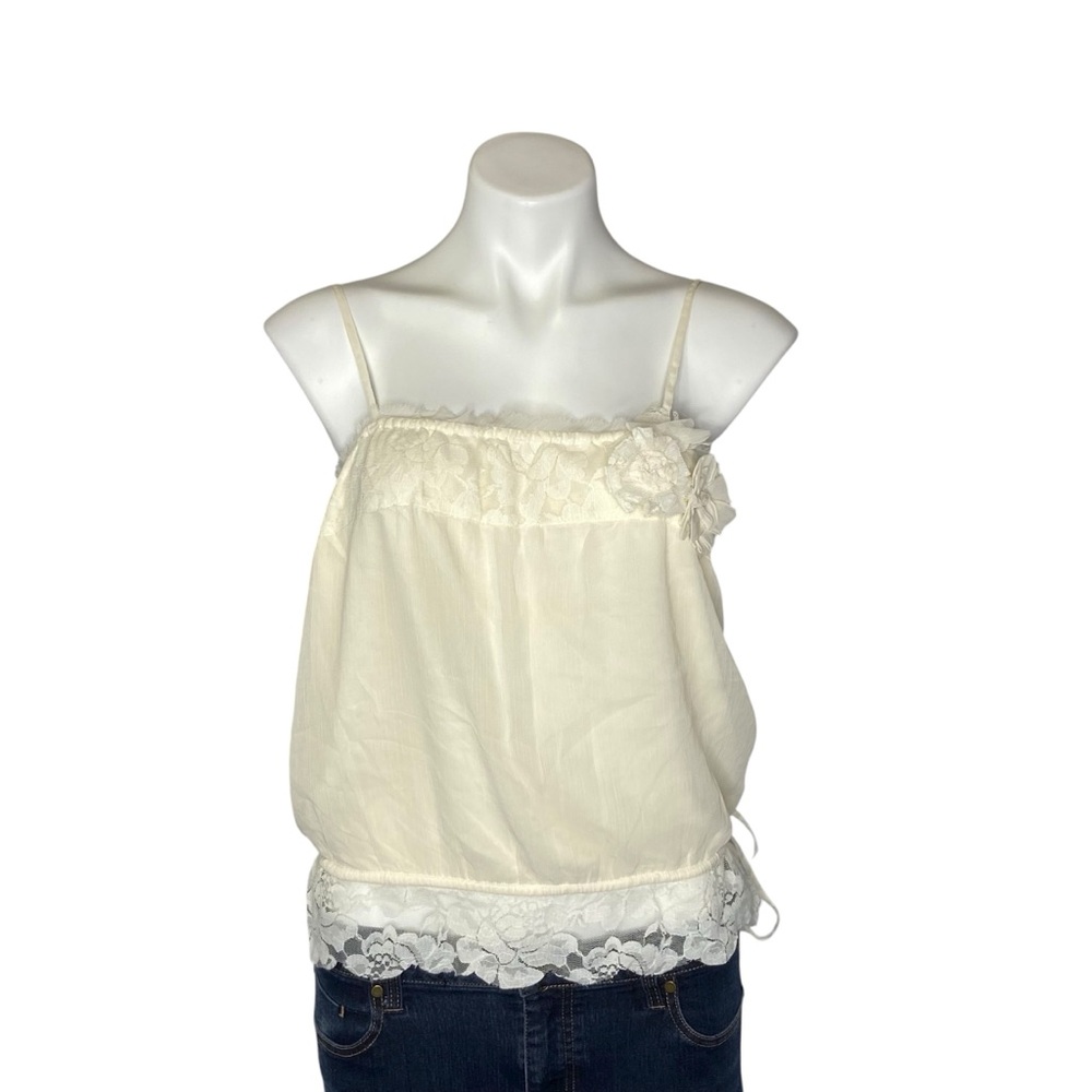 AMERICAN EAGLE Lace Trim Tank Top Tie Waist Flower Chest Cream Large